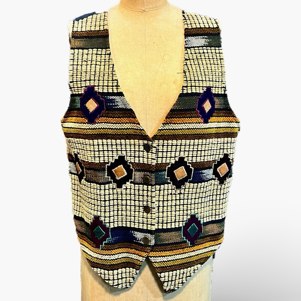 VINTAGE tapestry textured native tribal Aztec earthy‎ vest sleeveless 90s y2k